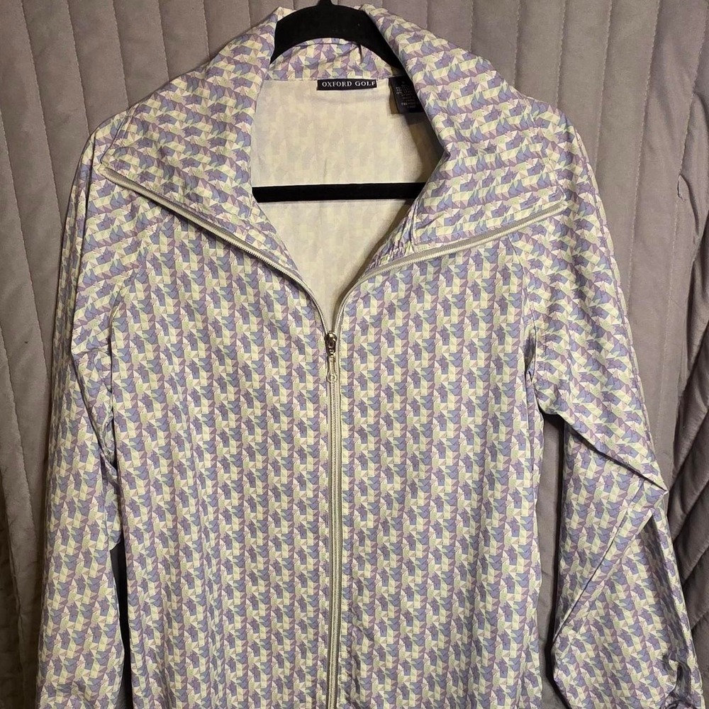 722 Oxford Golf Womens Sm Geometric Print Full Zip Jacket Purple Green Athletic